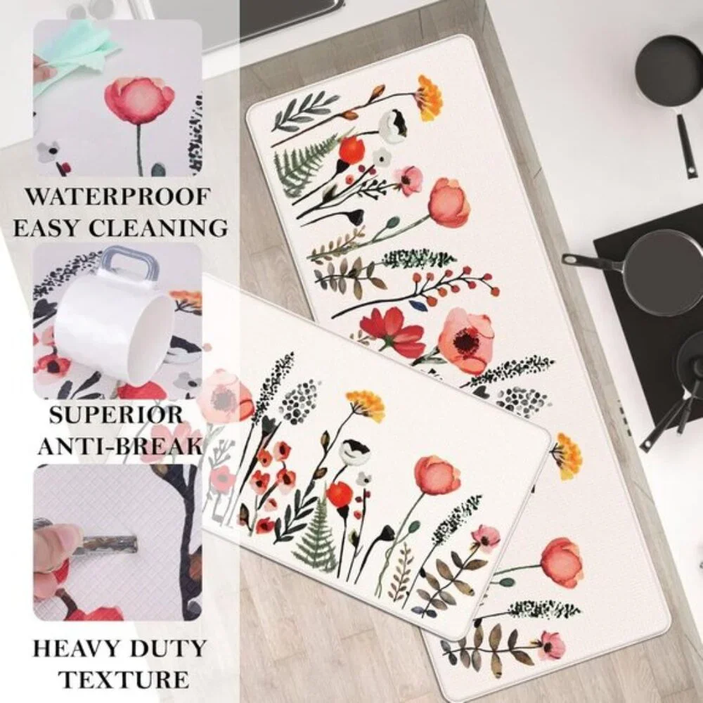 New Colourful Flower Kitchen Mats Set, Anti-Fatigue, Non-Skid, Waterproof